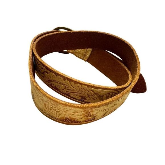 Gap Leather Embossed Belt Tan Cream Gold Design Vintage Solid Brass Buckle Small - Picture 2 of 5
